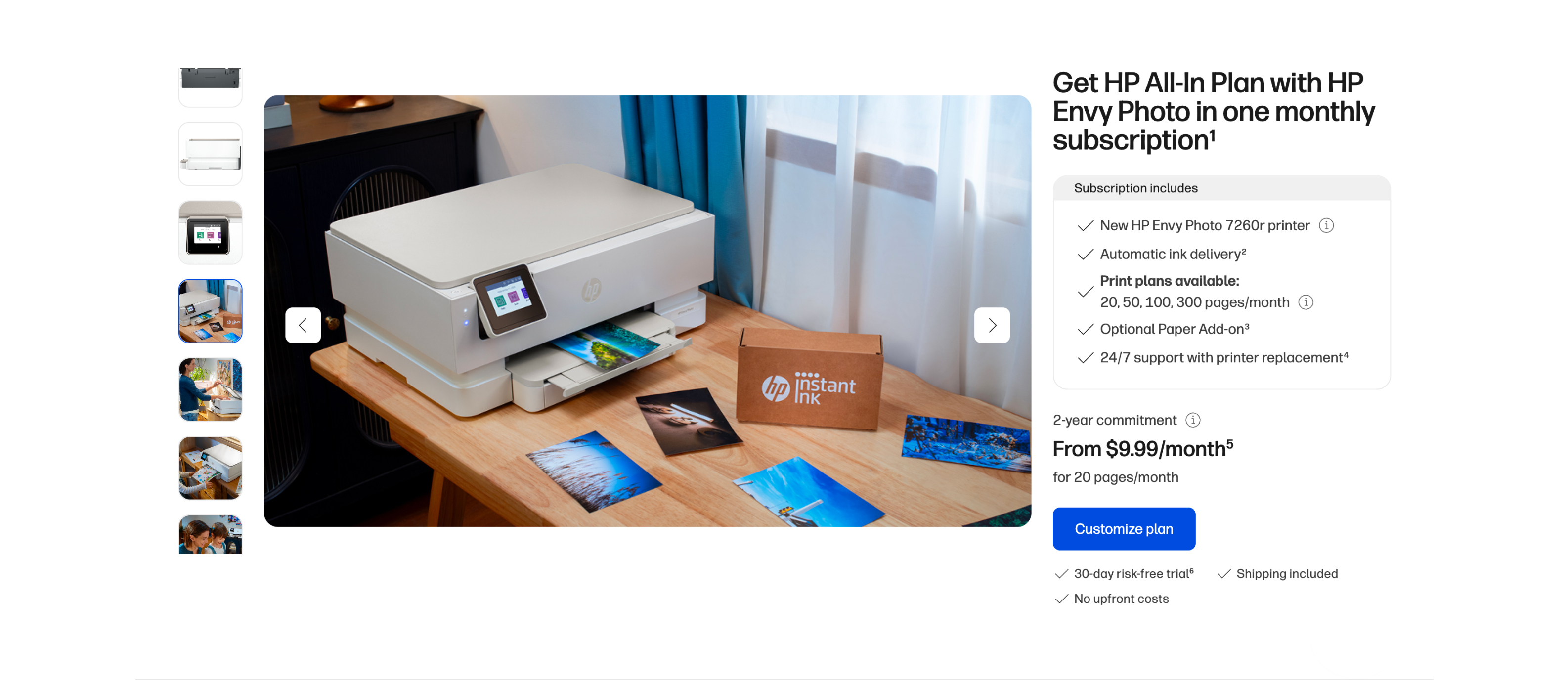 HP All-In Plan product page showing an HP Envy Photo printer, subscription benefits and monthly pricing