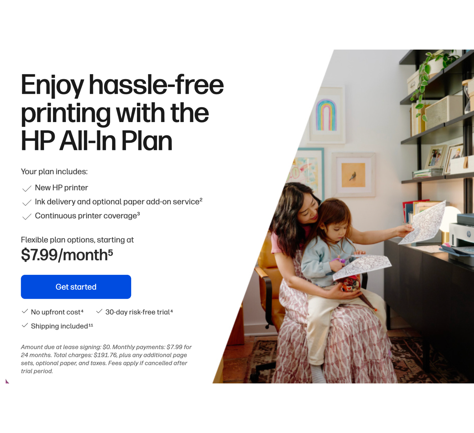 HP All-In Plan offer page showing plan benefits, price and family printing at home