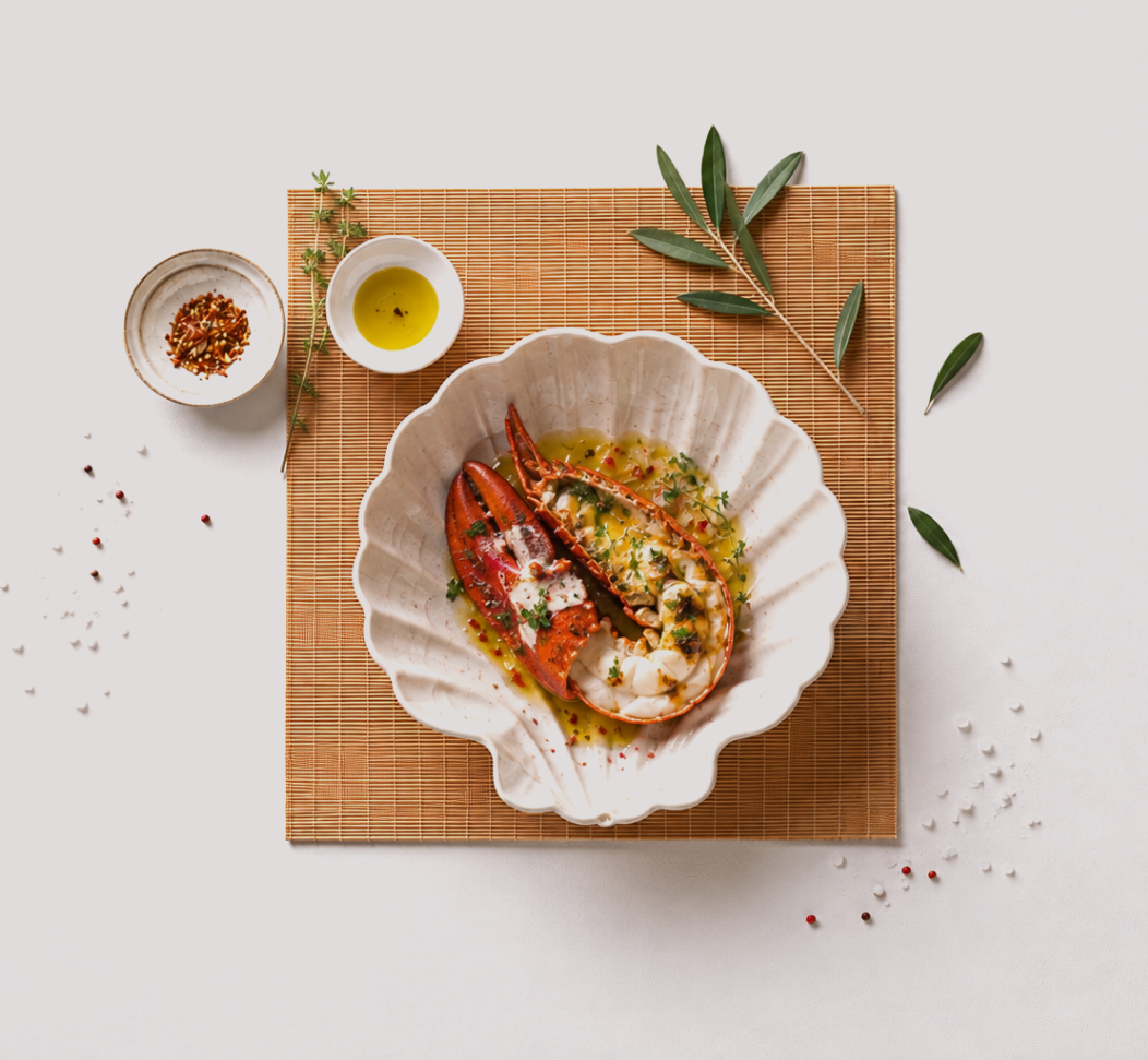 Restaurant visual direction combining typography, photography, and interface elements