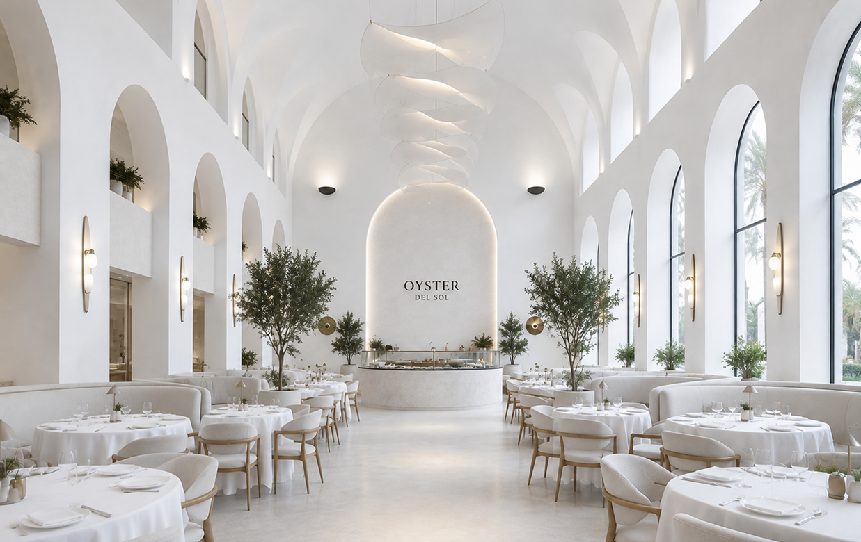 Bright Oyster Del Sol restaurant interior with arched walls and dining tables